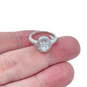 Estate Sterling Silver 925 Oval Halo Cubic Zirconia Engagement Ring Size 6